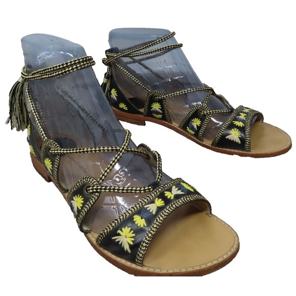 House of Harlow 1960 Gabrielle Black Leather Wrap Lace Up Sandals 39.5 US 9.5 - Picture 1 of 12